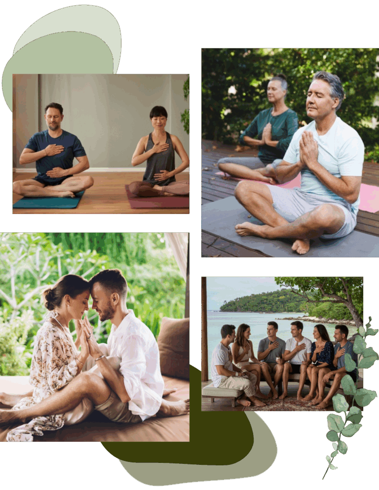 A collage of people meditating, a couple practicing mindfulness at a couples retreat near me, and a group in outdoor discussion, all engaging in wellness activities.