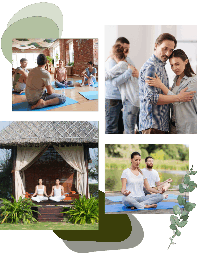 Collage showing people practicing meditation indoors and outdoors, and two couples embracing during a group therapy session at a relaxing couples retreat near me.