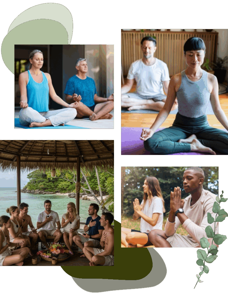 Four groups of people sit cross-legged, meditating or practicing mindfulness indoors and outdoors—including a beachside setting—at couples retreats near me with serene wooden-floored rooms.