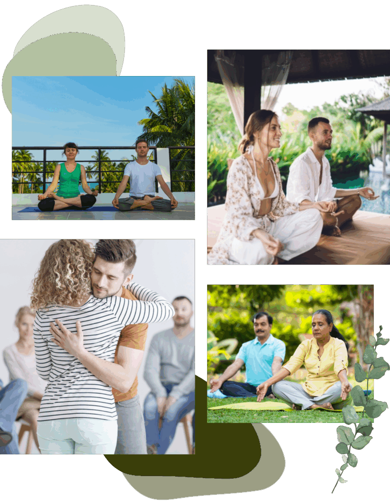 Four scenes: groups and pairs meditating cross-legged outdoors, and two people embracing indoors with greenery nearby—perfect inspiration for a peaceful couples retreat near me or couples retreats California getaway.