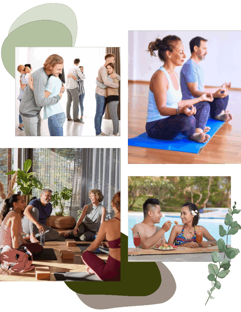 A collage showing people hugging, meditating on yoga mats, chatting in a group indoors, and eating together by a pool at a couples retreat near me.