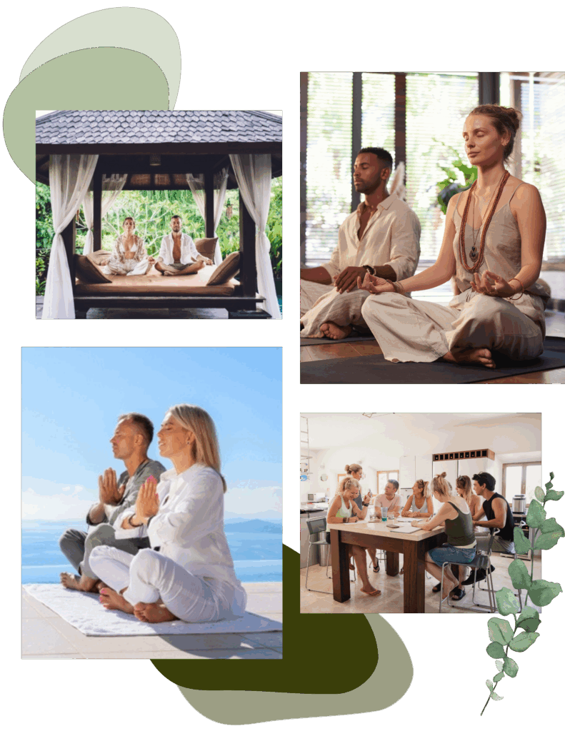 A collage showing people meditating outdoors and indoors, with a group in discussion—perfect inspiration for those seeking a couples retreat California style.