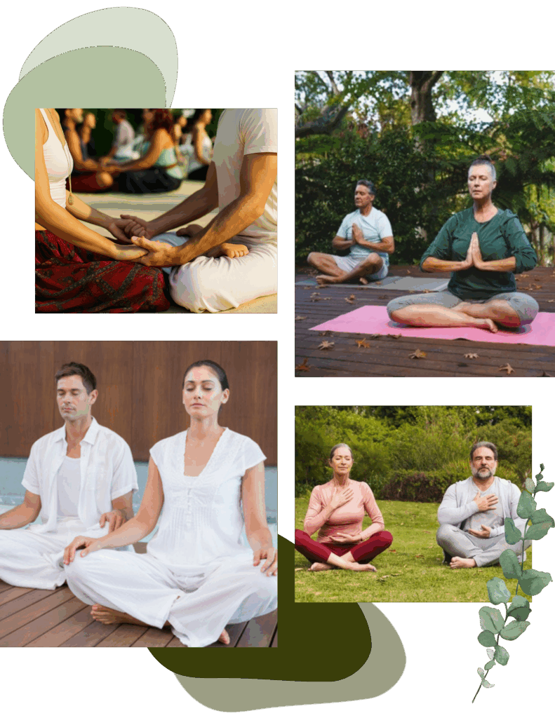 Four pairs of people practice meditation together in various outdoor and indoor settings, sitting cross-legged with eyes closed or hands in meditation poses—perfect inspiration for couples retreats near me.