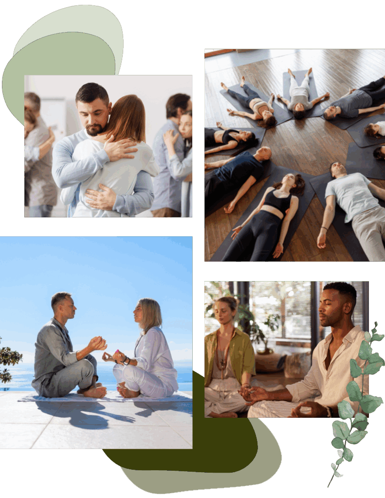 A collage showing people hugging, a group lying on yoga mats, a man and woman meditating outdoors, and two people meditating indoors—perfect scenes from a couples spa retreat near me.