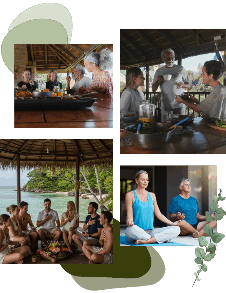 Collage showing mindfulness and breathwork practices at leading health and wellness retreats near me for emotional reset.
