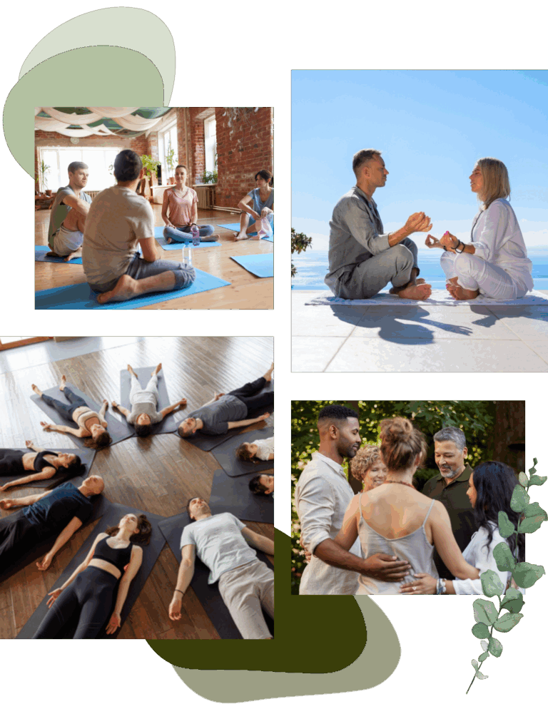 Collage featuring yoga, group therapy, and somatic work at immersive wellness retreats near me with licensed therapists.