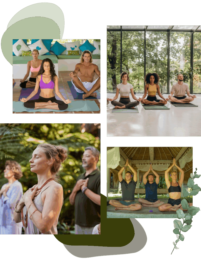 Collage of group exercises, meditation, and scenic spaces from transformative health and wellness retreats near me.