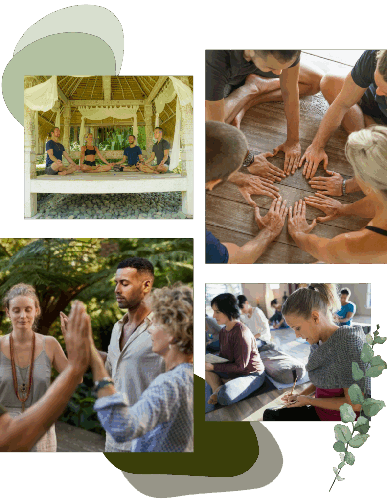A collage showing people participating in group meditation, mindfulness activities, and collaborative exercises at a Vibrant collage of ocean views, journaling, and group healing at serene wellness retreats Mexico for self-renewal.