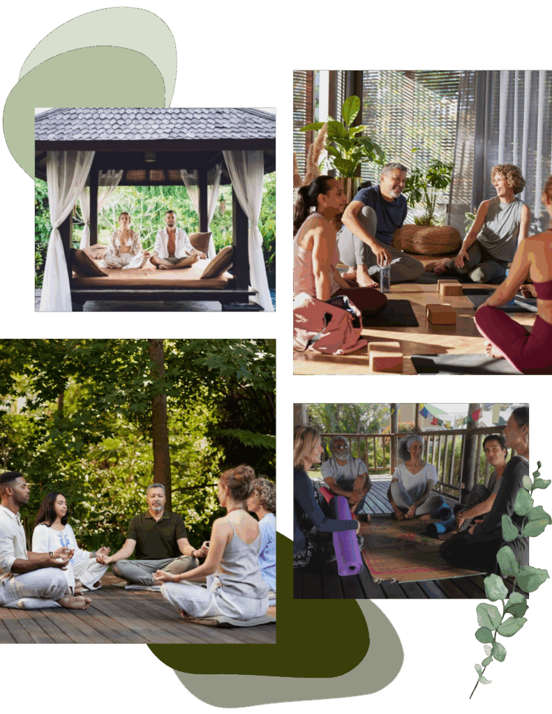 Four scenes of people enjoying group wellness activities, including outdoor yoga, meditation, and indoor discussions in serene natural and indoor settings—perfect inspiration for those searching for a wellness retreat California.