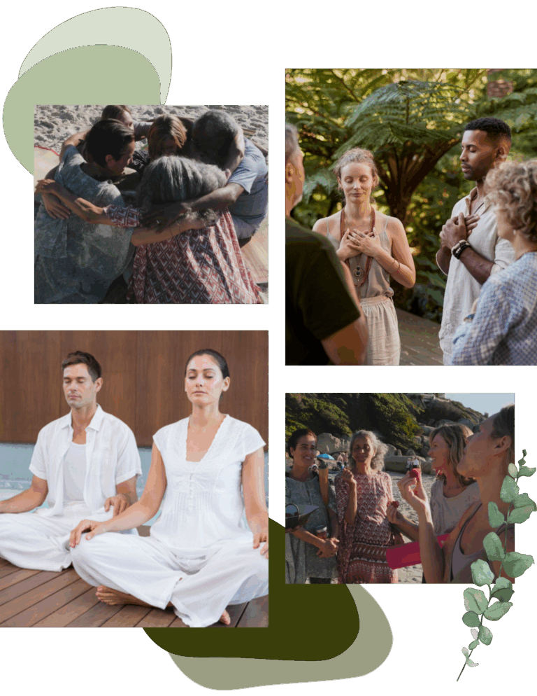 A collage shows people meditating, standing in a forest with eyes closed, sitting together, and gathering on a beach—reflecting the peaceful atmosphere of top wellness retreats California.