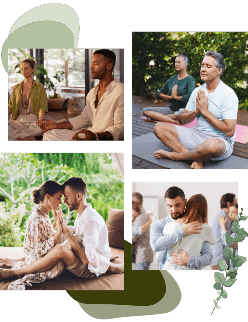 Collage of couples' connection, group circles, and nature from a couples wellness retreat near me, part of trusted health and wellness retreats Arizona, wellness retreats USA, wellness retreat Mexico, and the best wellness retreats in the world.