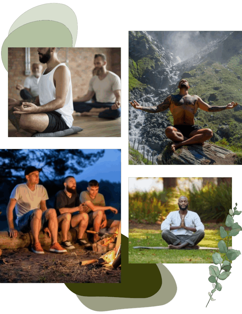 Collage featuring diverse healing activities from affordable wellness retreats in California, including yoga and CBT.