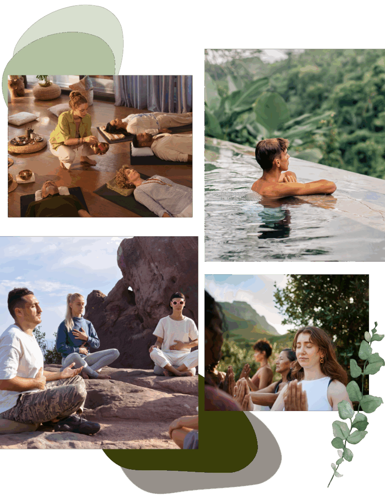 Collage of peaceful nature scenes and group meditation from top-rated wellness retreats near me for deep healing.