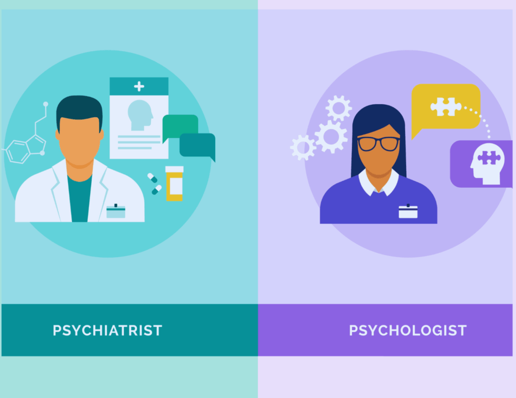 Illustration comparing a psychiatrist, depicted with medical symbols and medication, and a psychologist with puzzle icons and gears, highlighting their different roles in mental health care.