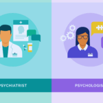 Illustration comparing a psychiatrist, depicted with medical symbols and medication, and a psychologist with puzzle icons and gears, highlighting their different roles in mental health care.