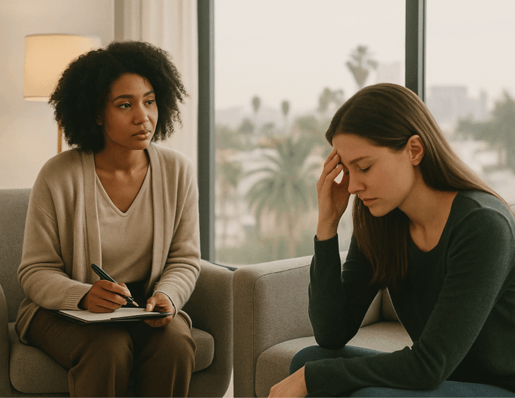 A grief counselor from the Bay Area CBT Center sits with a clipboard, listening to a distressed woman holding her head in her hand during a grief counseling session.