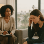 A grief counselor from the Bay Area CBT Center sits with a clipboard, listening to a distressed woman holding her head in her hand during a grief counseling session.