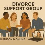 Four people sit in a circle talking, with a laptop showing a fifth participant. Text reads "Divorce Support Group - In Person & Online," offering healing and help through compassionate divorce support groups.