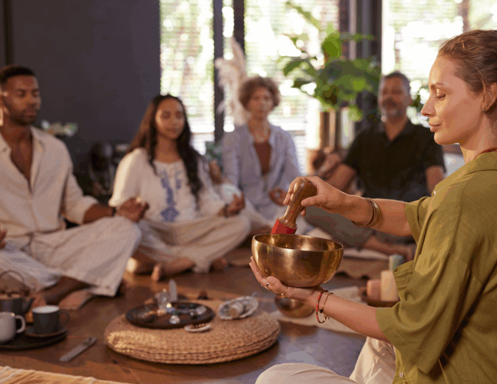 A group of people sit cross-legged in a circle, eyes closed, while one person strikes a singing bowl in a calm, indoor setting—an atmosphere ideal for rewiring patterns at mental health wellness retreats.