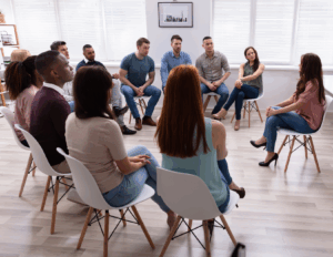 A group of people sits in a circle in a bright room, engaged in discussion as part of IOP Treatment, exploring Intensive Outpatient Programs to support their recovery journey.