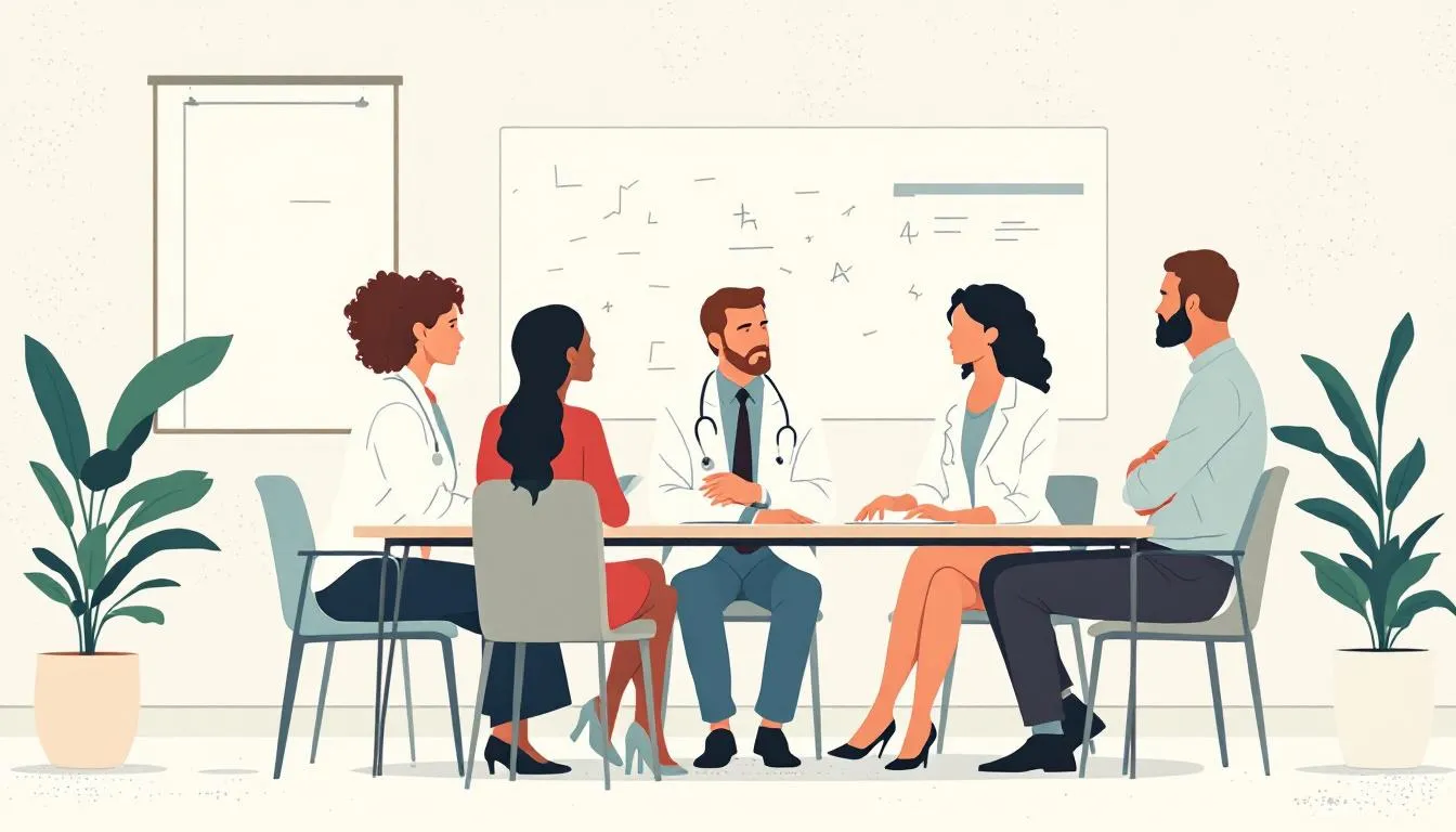 A diverse group of psychiatrists discussing various specialties in a conference room.