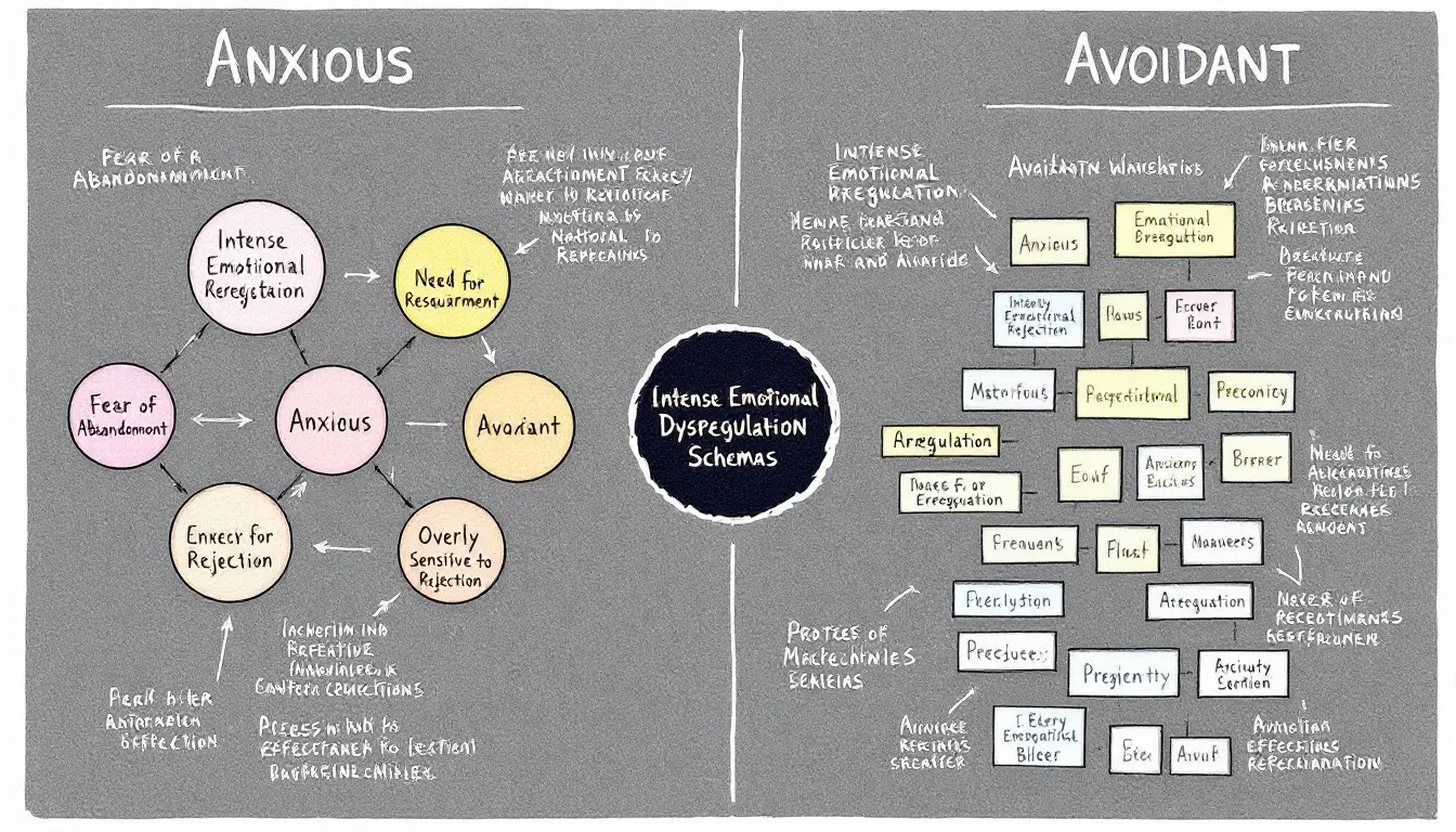 A visual comparison of anxious and avoidant attachment styles and their connection to early maladaptive schemas.