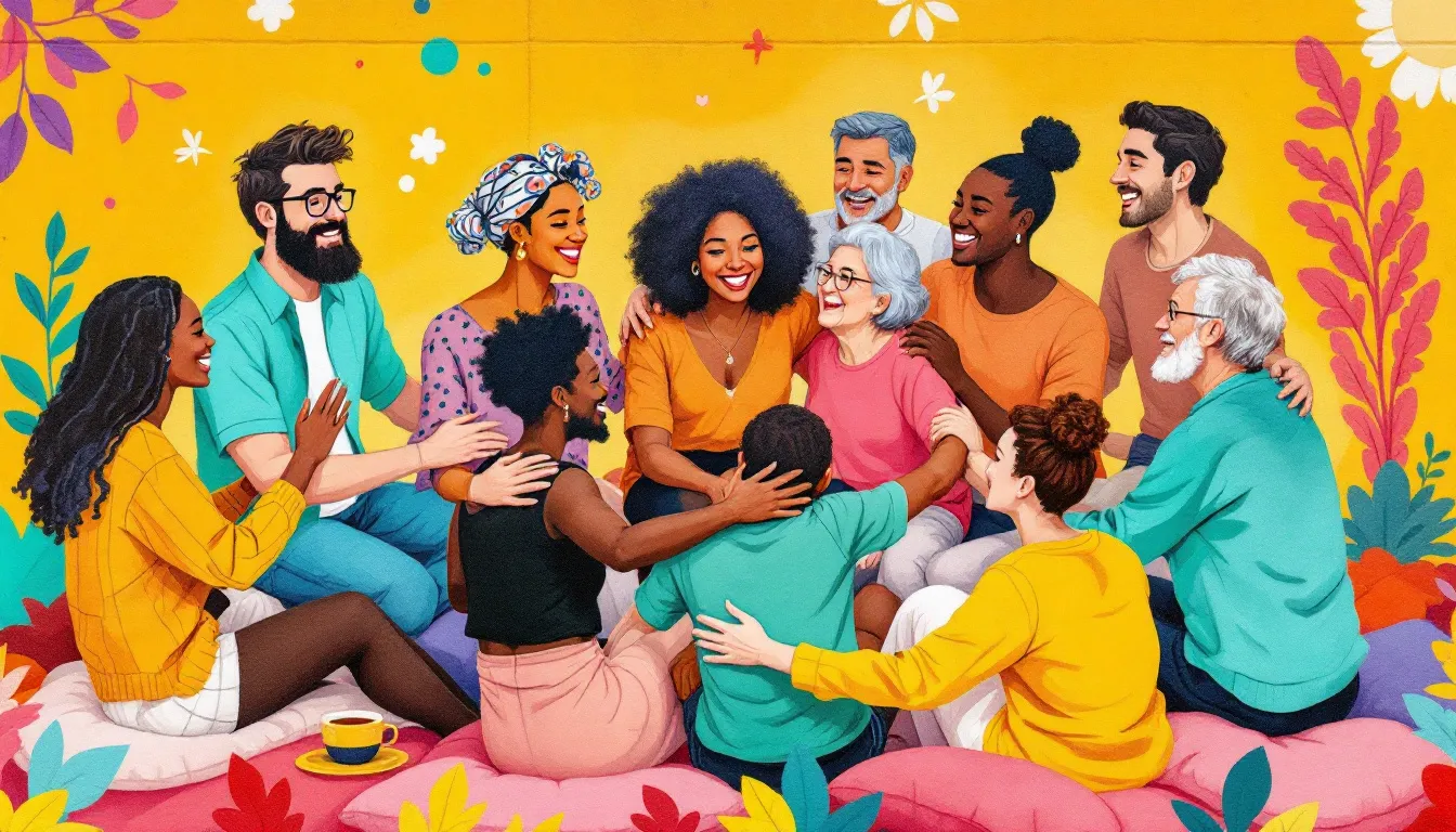 A group of friends formed through a support group, enjoying each other's company.