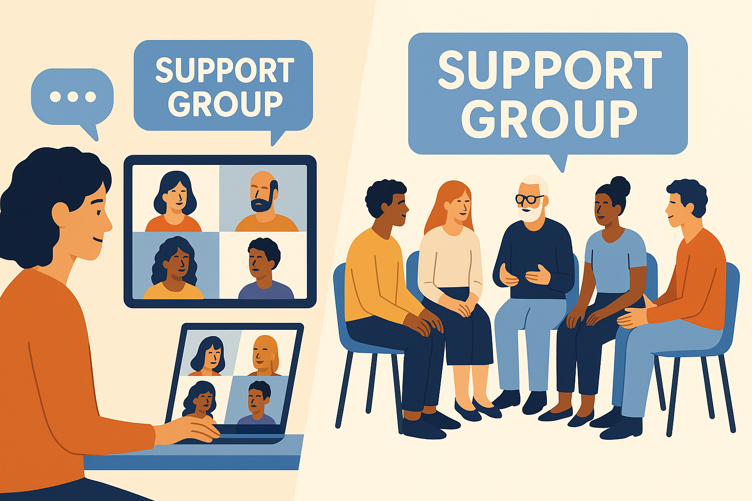 A comparison between online and in-person support groups.