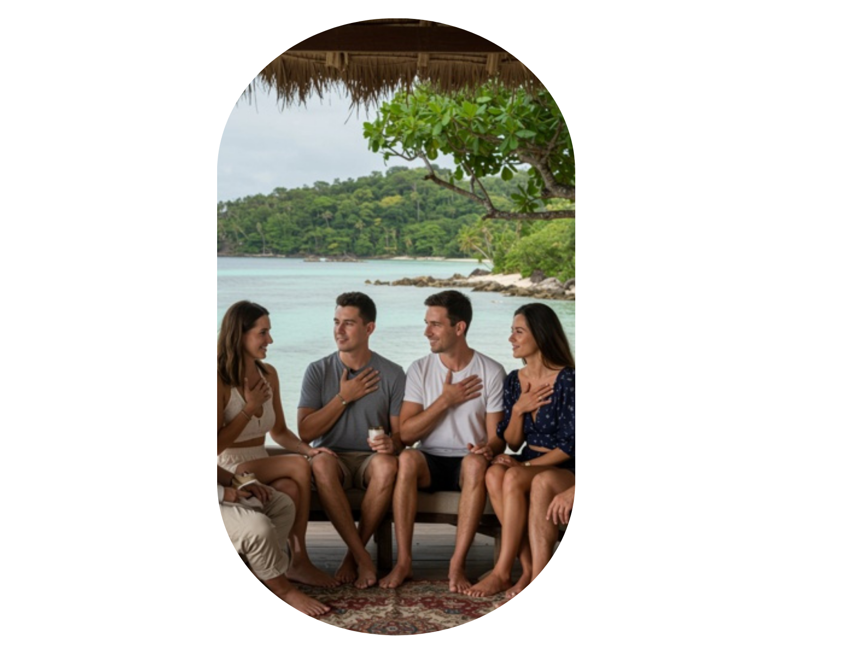 Four people sit together on a covered patio by the beach, smiling and placing their right hands on their chests while engaging in conversation at a wellness retreat near me.