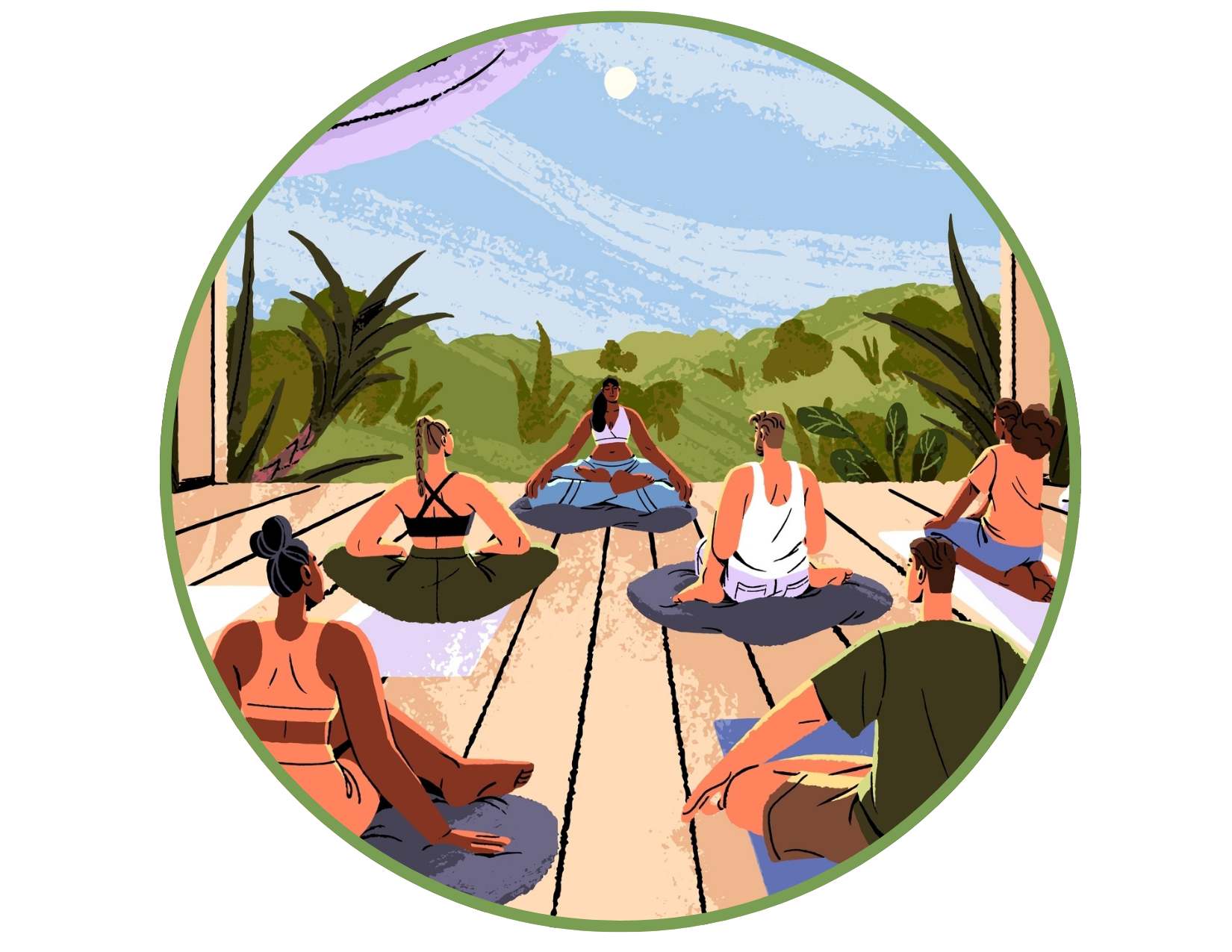 A group of people sit on mats in a circular formation outdoors, listening to an instructor, as part of a couples therapy Los Angeles session, with greenery and blue sky in the background.