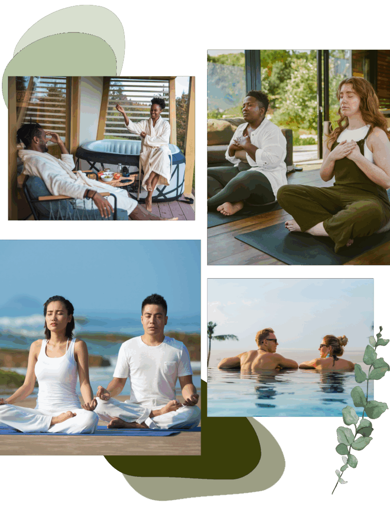 A collage showing people meditating indoors, a couple relaxing by a table at a intimacy retreats for couples near me, two people meditating on a beach, and two people talking in a pool.