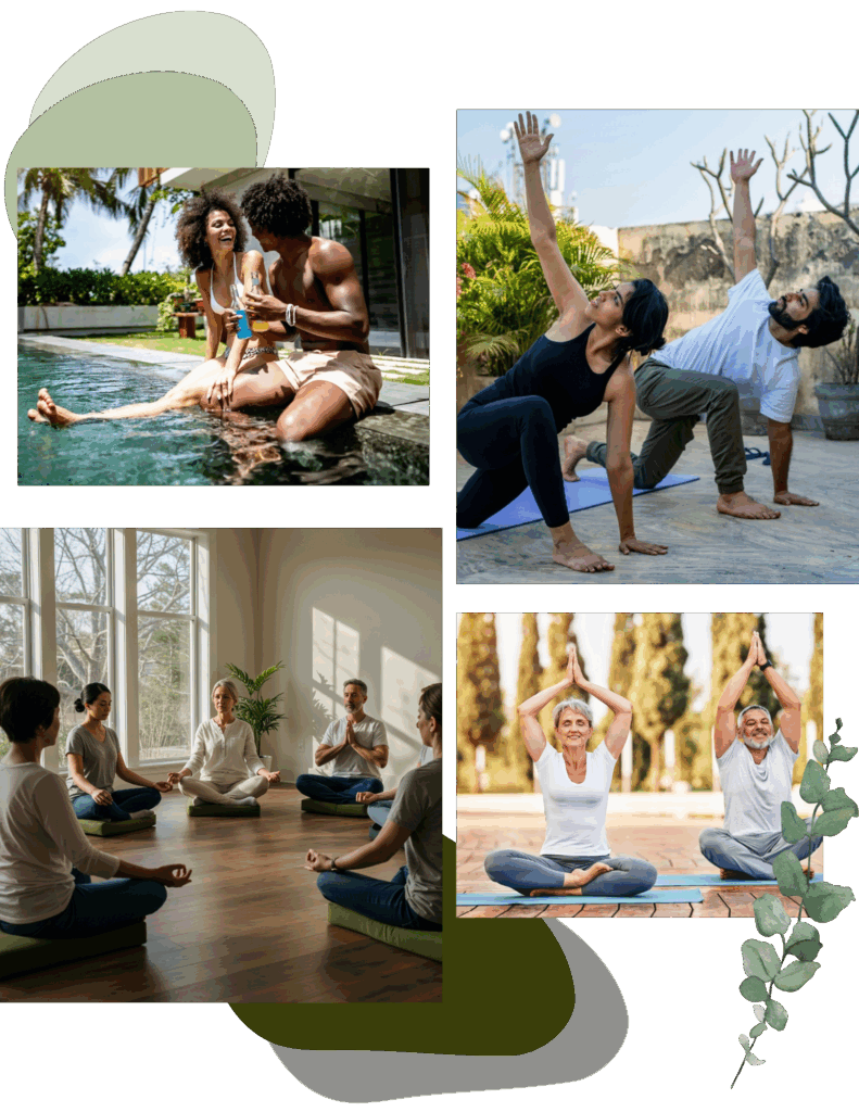 A collage showing people practicing yoga indoors and outdoors, and a couple sitting by a pool, all appearing relaxed and engaged in wellness activities at a rejuvenating couples wellness retreat near me.