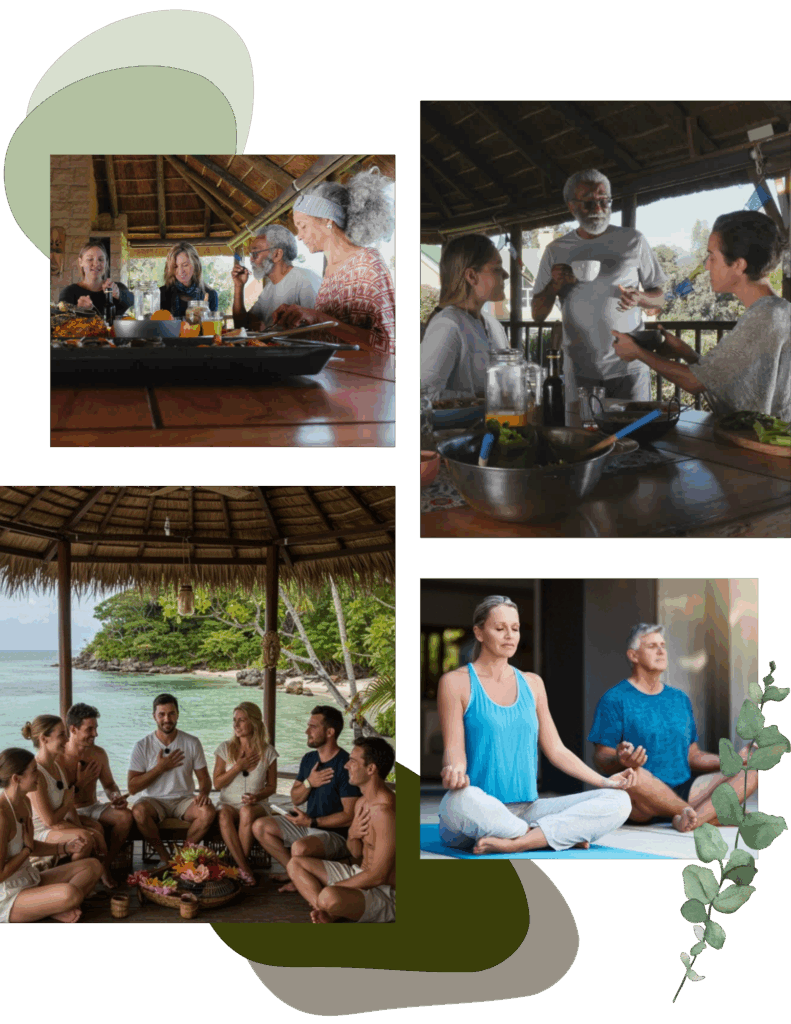 Four images of people at emotional healing retreats near me and holistic health retreats, eating together, cooking, gathering outdoors, and practicing yoga in a serene, tropical setting.