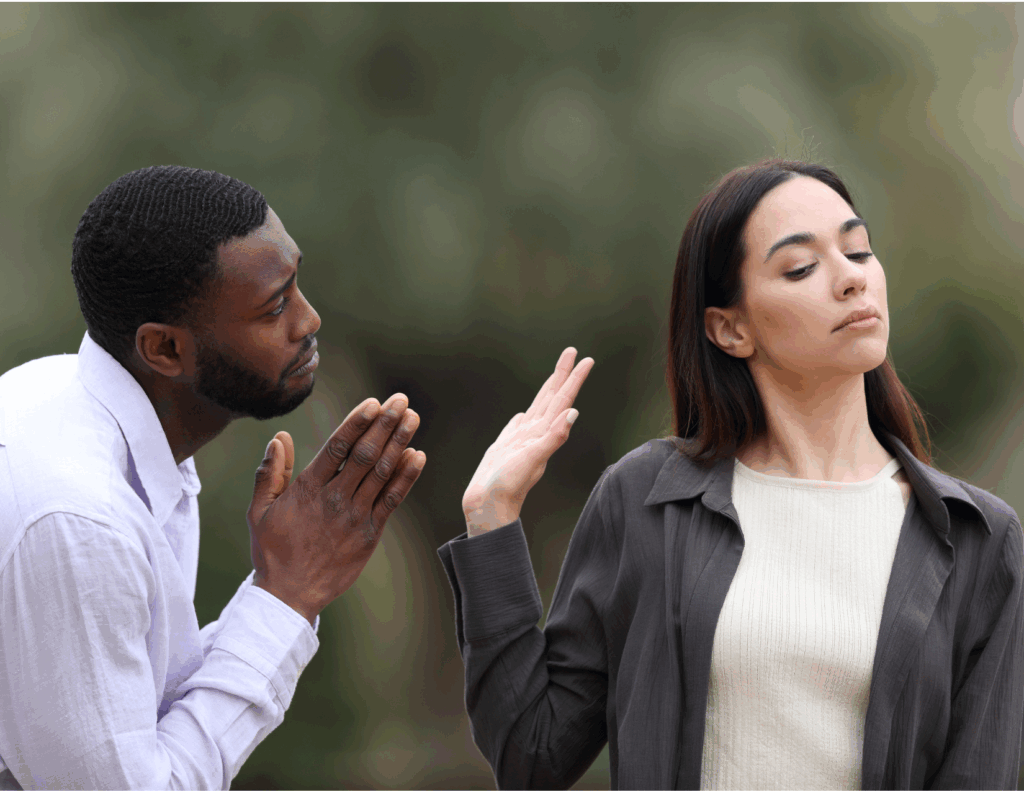 A man with clasped hands appears to plead with a woman who turns away and raises her hand dismissively, highlighting the complexities of relationships and the subtlety of dry begging or indirect requests.