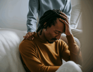 A person sits with their head in their hand, struggling with symptoms of complicated grief, while another offers support by resting a comforting hand on their shoulder.