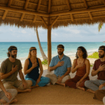 A group of seven people sits cross-legged under a thatched roof by the ocean, eyes closed, with one hand on their chests, engaging in breathwork or mindfulness to help achieve a flow state.