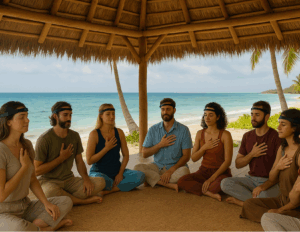 A group of seven people sits cross-legged under a thatched roof by the ocean, eyes closed, with one hand on their chests, engaging in breathwork or mindfulness to help achieve a flow state.
