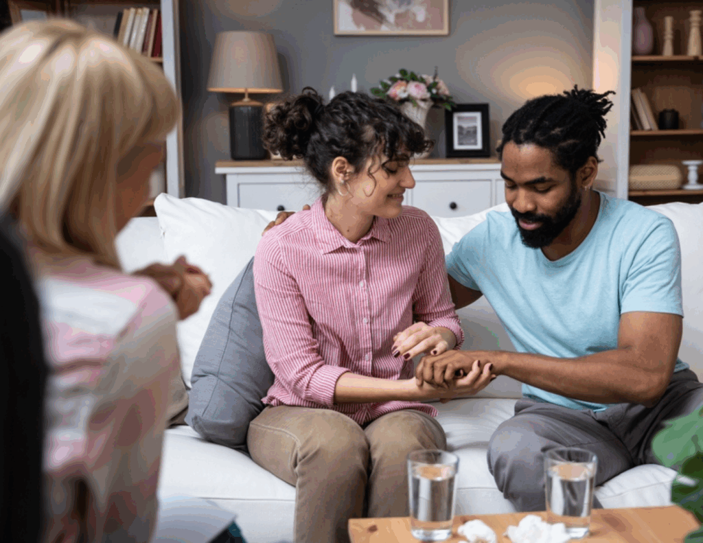 A couple sits closely together on a couch, holding hands and smiling, while a therapist listens nearby in a comfortable, well-lit room during couples therapy in Oakland, CA.