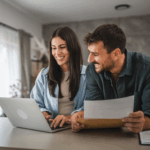 A woman using a laptop and a man holding papers sit together at a table, both smiling, in a bright home setting—discussing couples counseling and exploring their insurance coverage options.