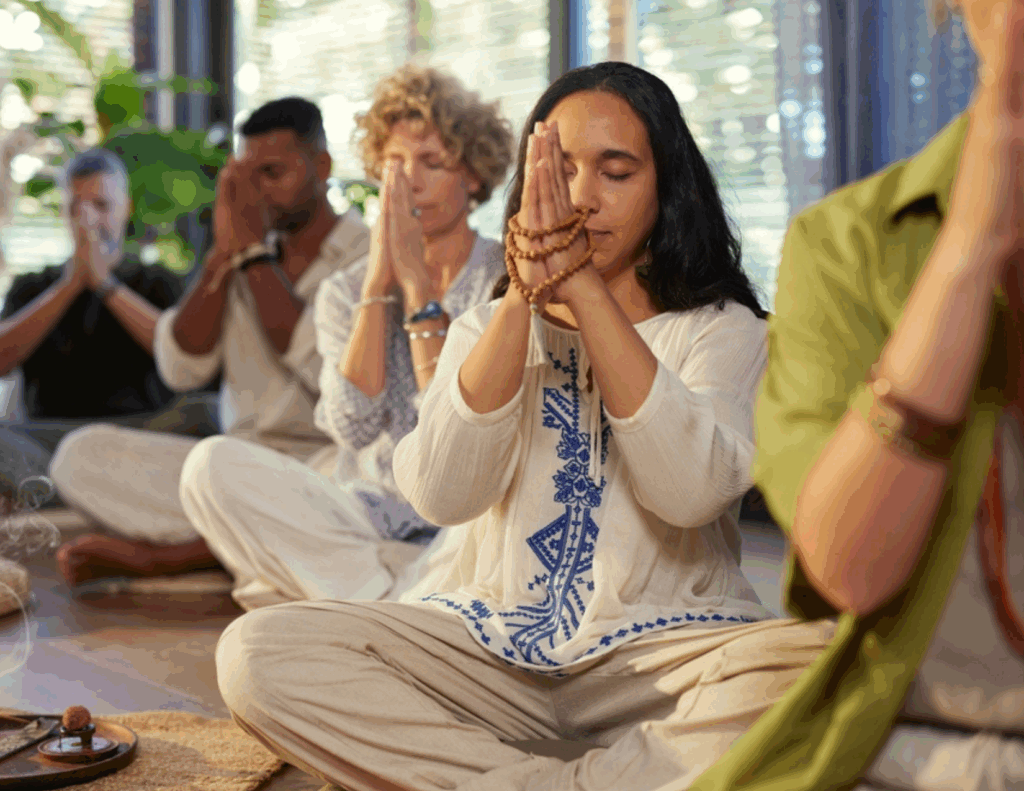 A group of people sit cross-legged on the floor with eyes closed, holding prayer hands, participating in a meditation retreat session indoors.