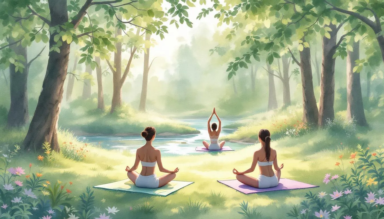 Couples participating in a wellness retreat, engaging in yoga and meditation activities to enhance their emotional and physical connections.