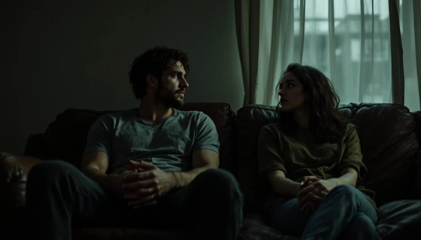 A couple sitting apart on a couch, showing emotional disconnection in their relationship.