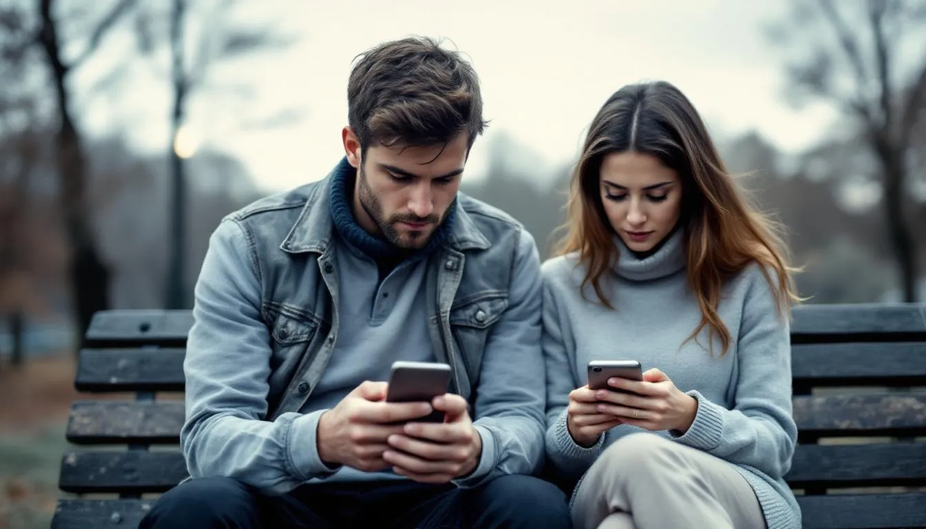 A blurred image of a couple looking at their phones, suggesting trust issues in their marriage.