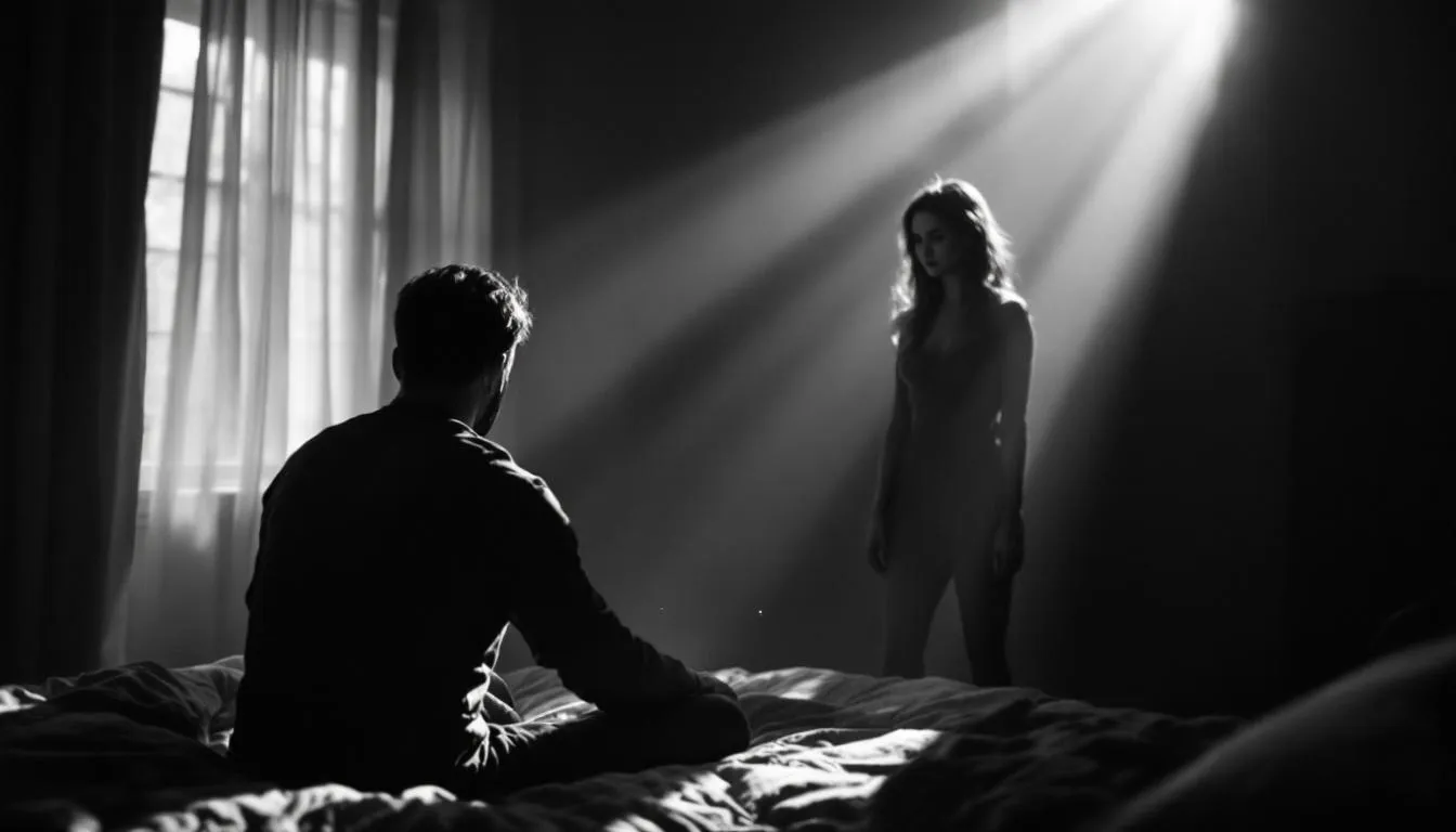 A couple in a bedroom, appearing distant and lacking physical intimacy.