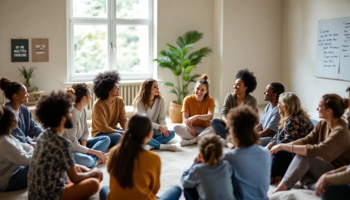 A diverse group of individuals is seated in a circle, engaged in a supportive group therapy session focused on Dialectical Behavior Therapy (DBT) skills. The atmosphere is warm and inviting, fostering a safe space for participants to share their mental health challenges and learn practical skills for emotion regulation and distress tolerance.
