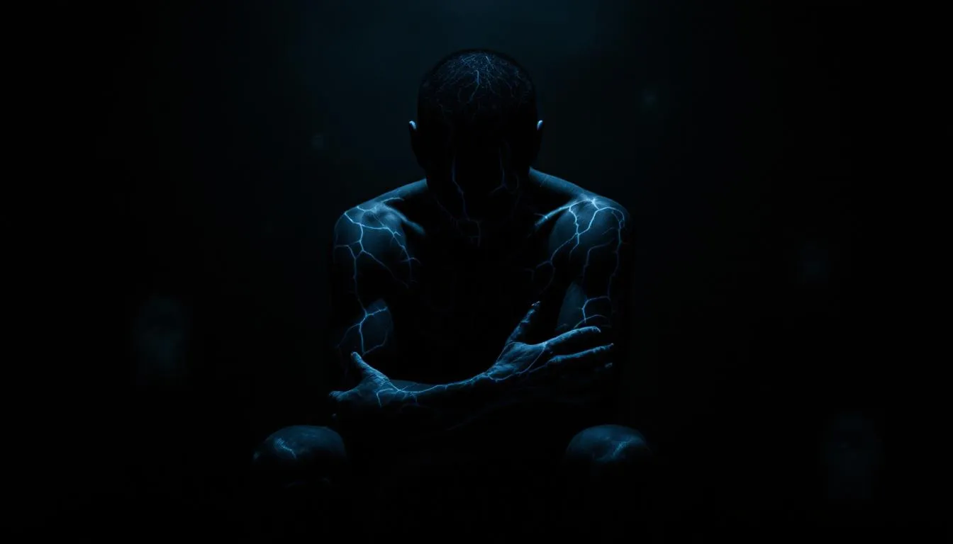 An image illustrating the physical manifestations of hidden trauma, showing a person with visible stress symptoms.