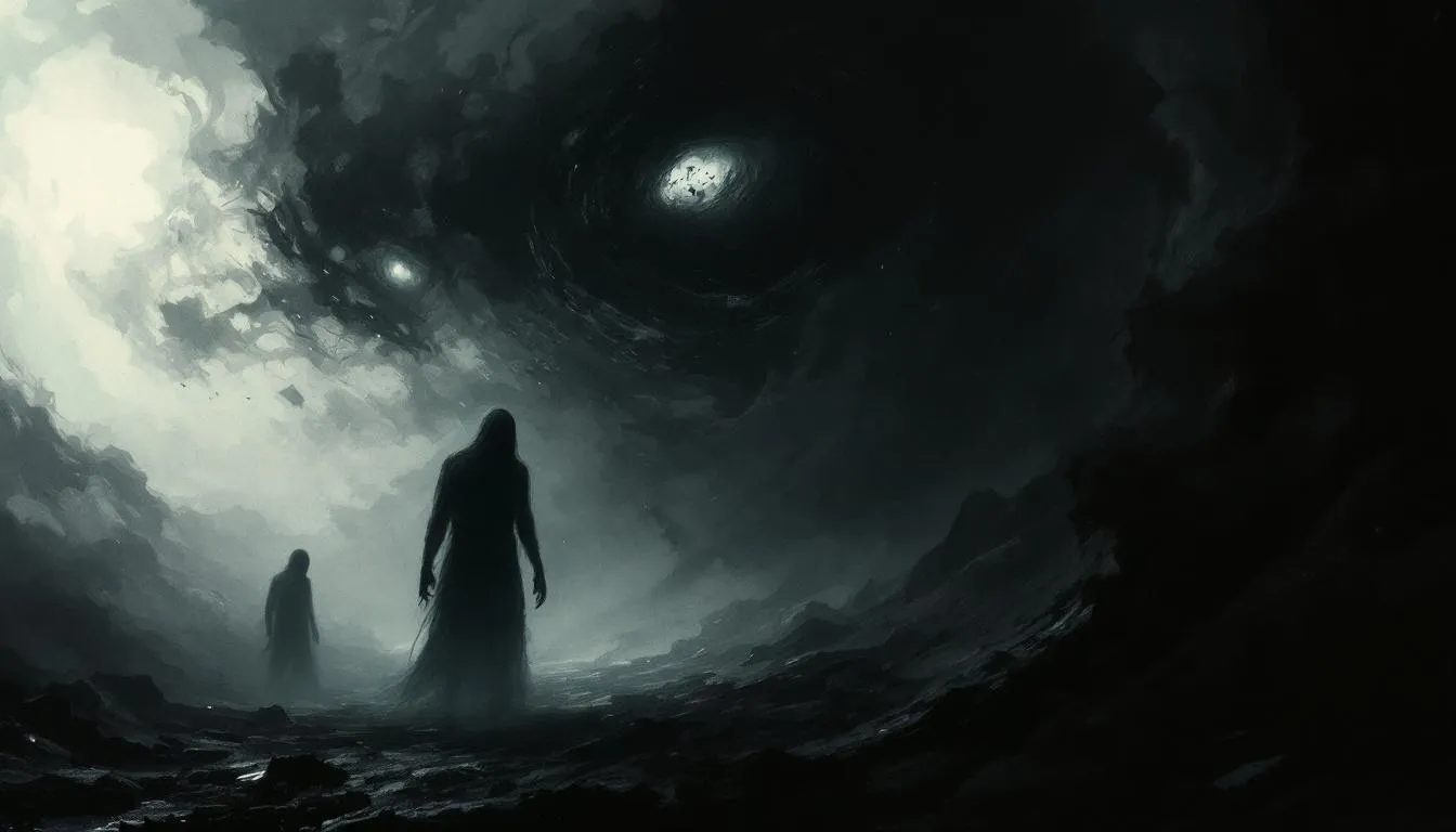 A conceptual illustration representing lurking trauma, with shadowy figures symbolizing hidden emotional struggles.