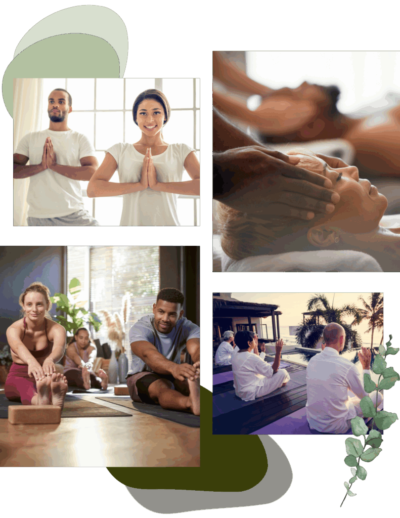 A collage showing people practicing yoga, meditating outdoors, and receiving a head massage, suggesting wellness and relaxation activities perfect for a rejuvenating couples marriage retreat.