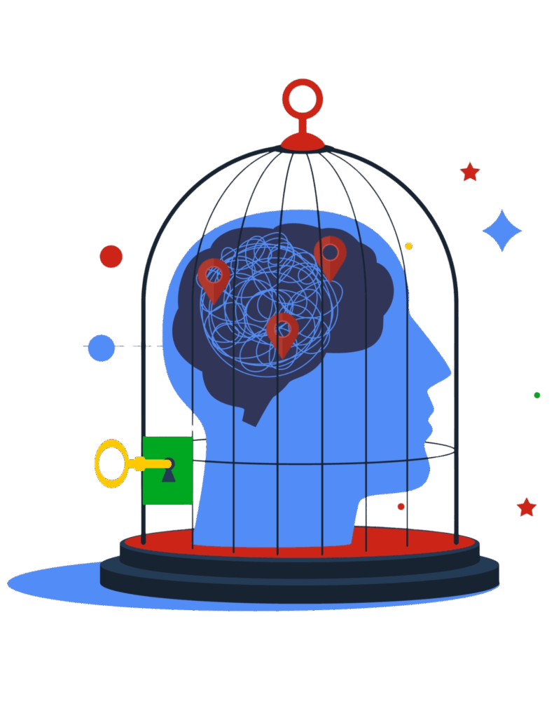 Illustration of a human head inside a birdcage with a tangled brain marked by location pins, a green lock, and a yellow key nearby—perfect for representing the challenge of unlocking knowledge in a schema quiz.