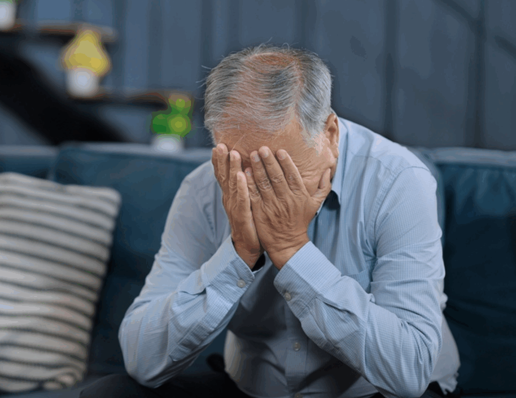 An older man sits on a couch with his elbows on his knees, covering his face with both hands, suggesting the symptoms of prolonged grief.